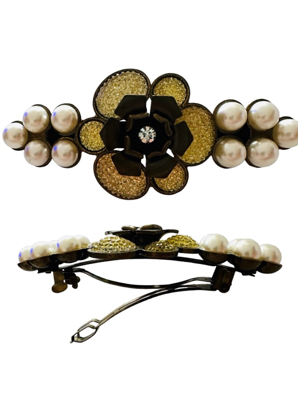 Rustic Brass-tone Pearl French Barrette Hair Clip 3 3/4” Floral Motif